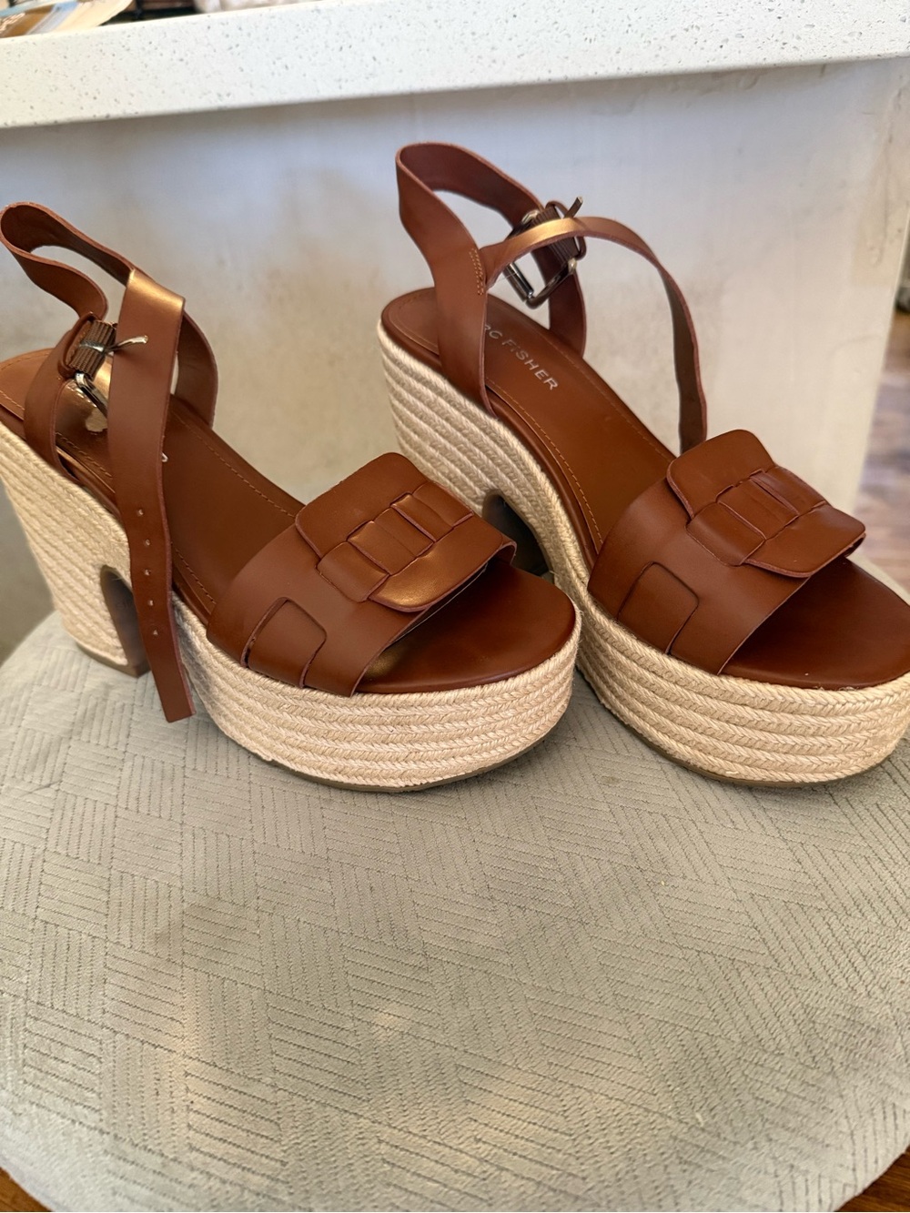 Marc Fisher Brown Leather Woven Platform Sandals